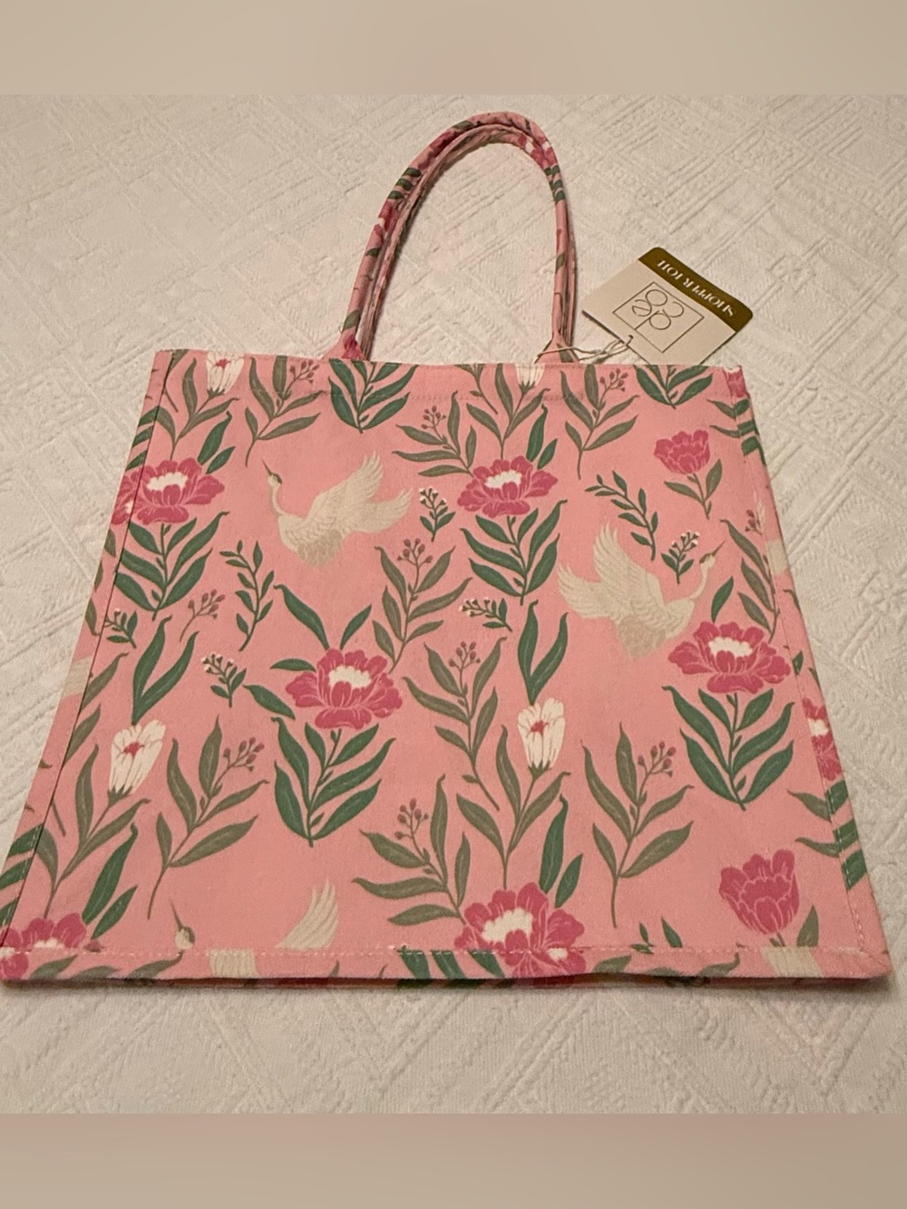 Tote bag - large - pink floral herons birds - 16.5x14.7.5 - sturdy - New w/tags